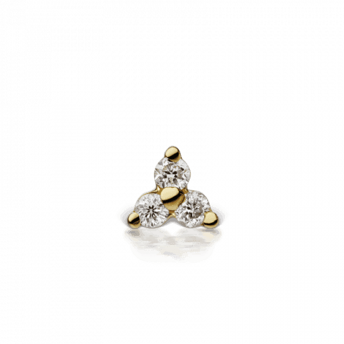 Maria Tash Diamond Trinity Threaded Stud met drie diamanten in goud, detailaanzicht. Model x3dtrd-001-2.
