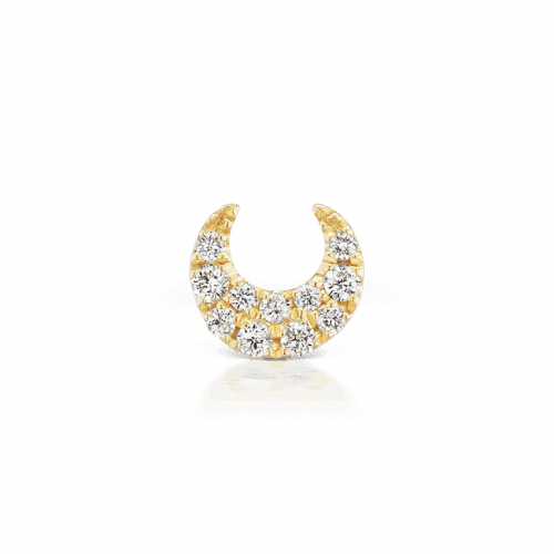 Maria Tash Small Diamond Moon Threaded Stud 18K ziet eruit als een goudkleurige halve maan met diamanten, model XMSNPAD-001-2