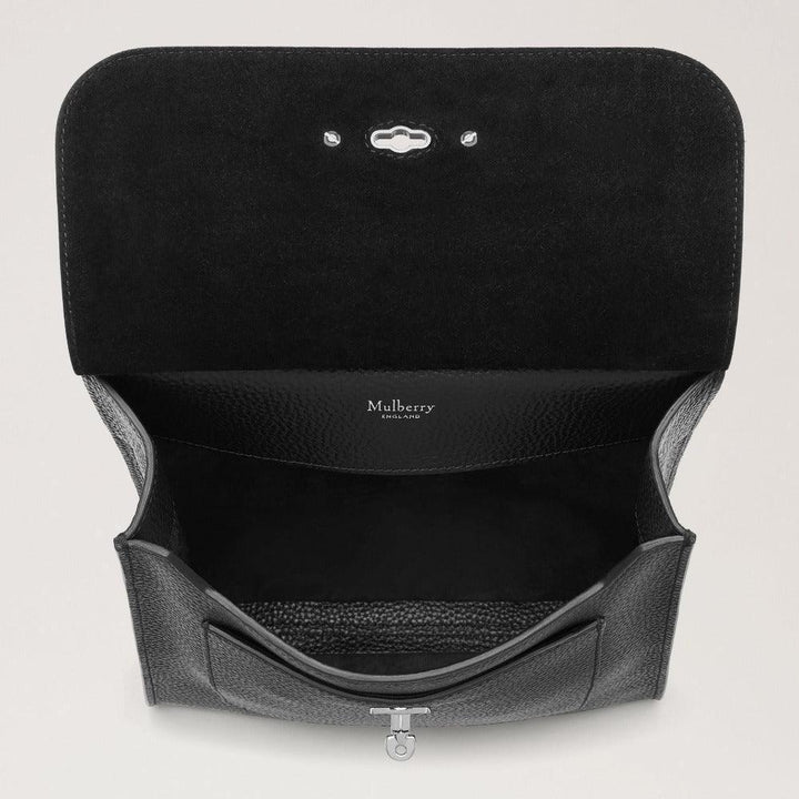 Mulberry Antony N Classic Grain Zwart/Zilver tas met open interieur met zwart leer en ruim vak.
