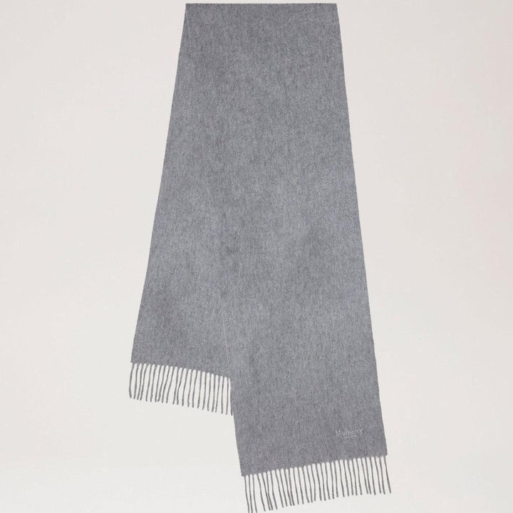 Mulberry Cashmere 30x195 lichtgrijs gemêleerde sjaal van zachte, lichtgrijs gemêleerde wol met franjes. ModelVS4460885C914