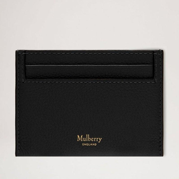 Mulberry Kaarthouder Continental Credit Card Slip Natural Grain Black, vanaf de voorkant getoond, in zwart leer met gouden print. ModelRL4644/205A100