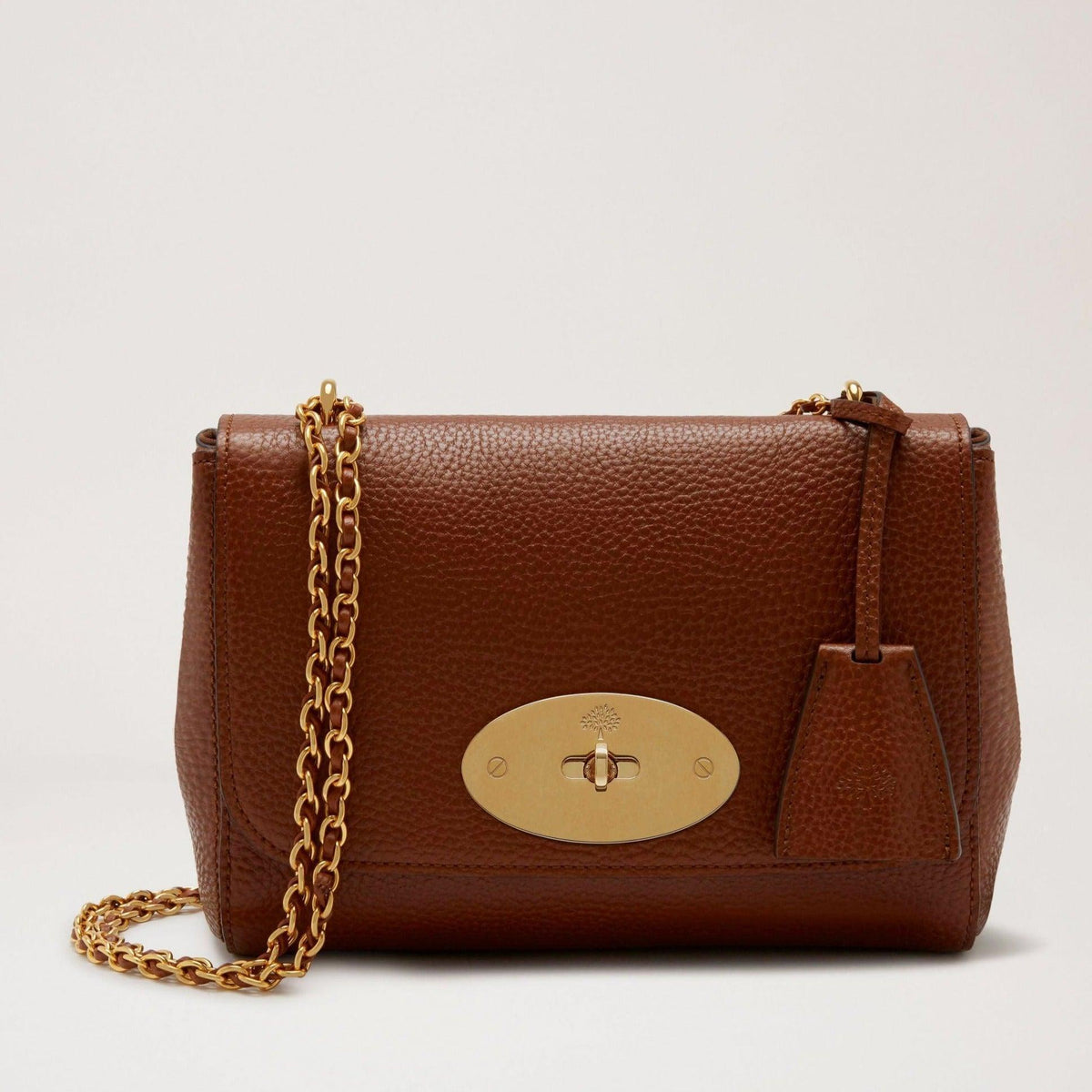 Mulberry Lily Oak Small Classic Grain Leather, bruine schoudertas met gouden ketting en metalen gesp. ModelHH8733552G110