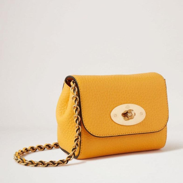 Mulberry Mini Lily Dubbele gele clutch van geel leer met kettingriem en goudkleurige metalen sluiting. ModelRL7749736P677