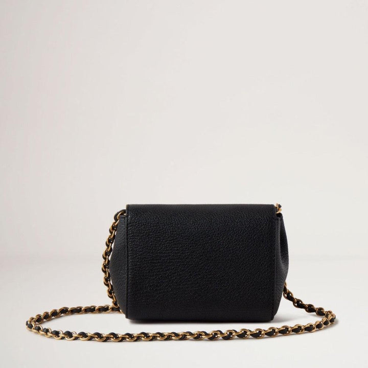 Mulberry Mini Lily Glanzende geitenschoudertas van zwart leer met gouden ketting, model RL7745874A100.