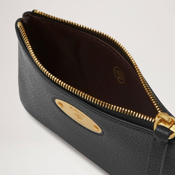 Mulberry Plaque klein muntzakje met ritssluiting in zwart leer met gouden ritssluiting en metalen plaat, model RL5682013A100
