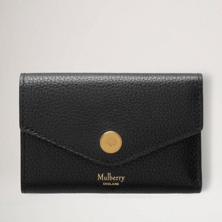 Mulberry Portemonnee Gevouwen Multi Card Wallet Zwart met gestructureerd zwart leer en gouden knoop, Model RL6447205A100