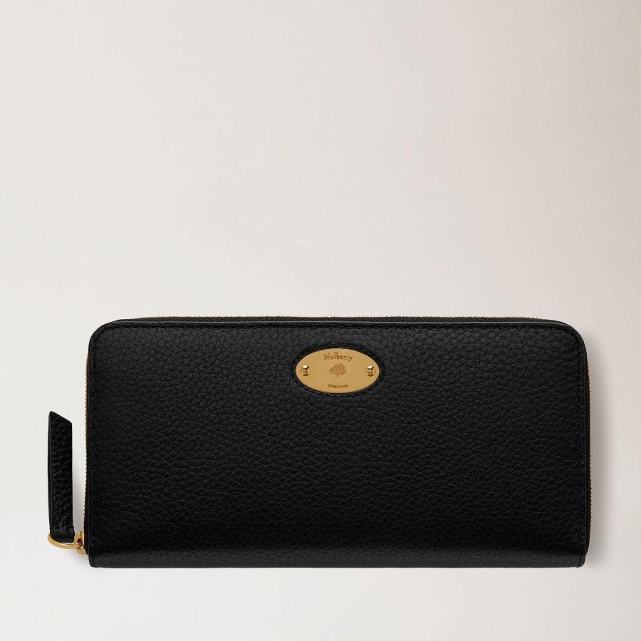 mulberry-pung-plaque-8-kaart-rits-portemonnee-klein-klassiek-korrelig-zwart in zwart leer met gouden plaat, Model RL5676013A100