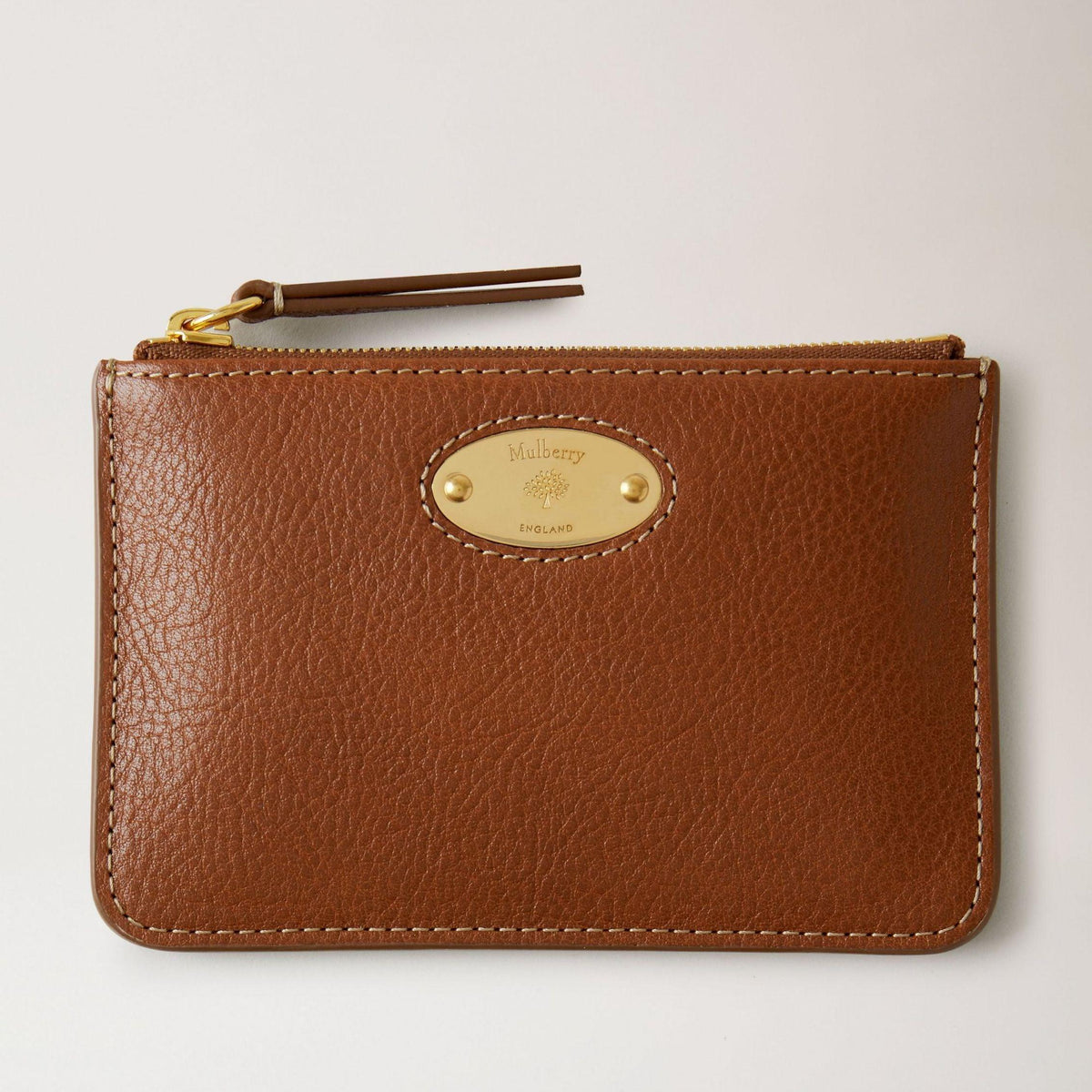 Mulberry Portemonnee Plaquette Klein Ritszakje Eiken NVT Legacy in bruin leer met gouden label, model RL7084275G110
