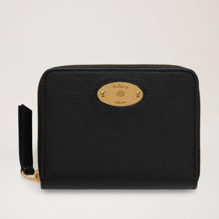 Mulberry Portemonnee Kleine Plaque Rits Rondom Portemonnee Klassiek Grain Zwart in zwart leer met gouden voorplaat, Model RL5680013A100