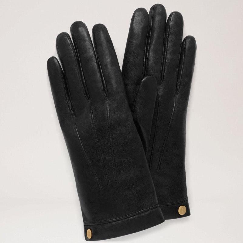 Mulberry Soft Nappa Handschoenen zwart, elegante zwarte handschoenen van zacht leer met gouden knoopdetail. ModelVG4108192A100-001.