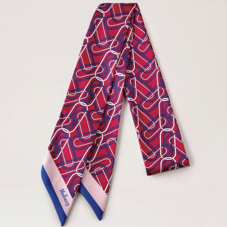 Mulberry Softie Chain skinny sjaal met rood en blauw grafisch patroon, model VS4743920L690