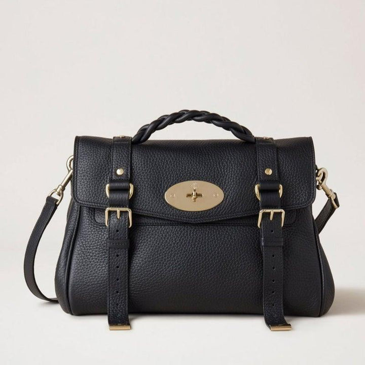 Mulberry Tas Alexa Black Heavy Grain, zwarte schoudertas van generfd leer met goudkleurige details, Model HH6746736A100