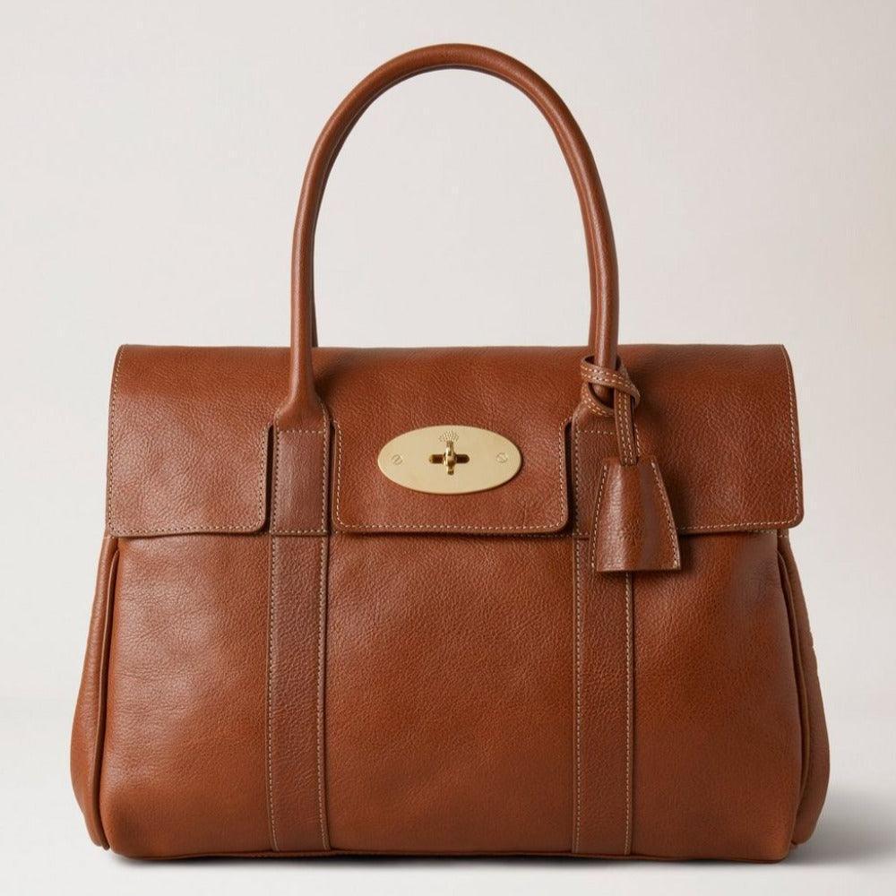 Mulberry Bayswater Legacy brun lædertaske, forside med guld-tone spænde, model NVT-88609