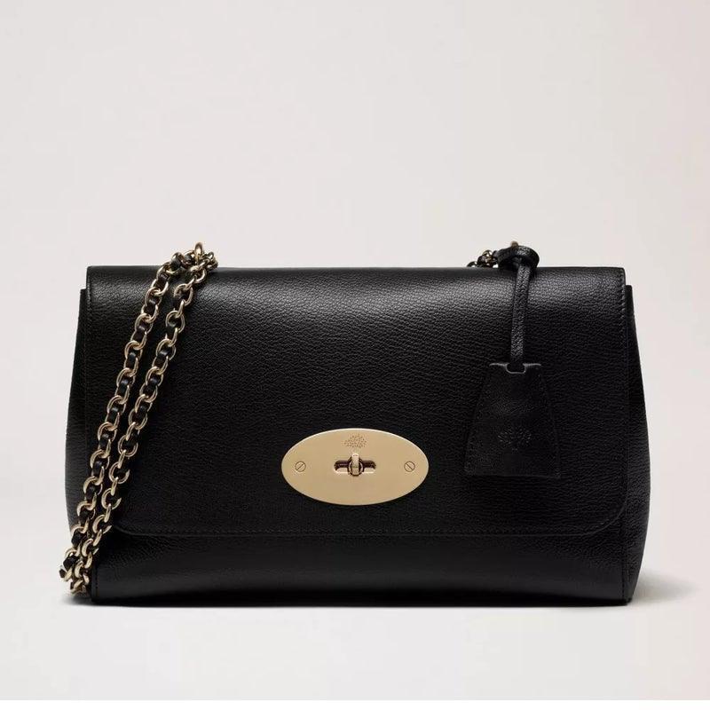 Mulberry Tas medium Lily Zwart glanzende geit van zwart leer met gouden kettingriem, model HH3297874A100.