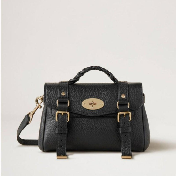Mulberry Tas Mini Alexa Heavy Grain Zwart met gevlochten handvat en gouden details, Model RL6595736A100.