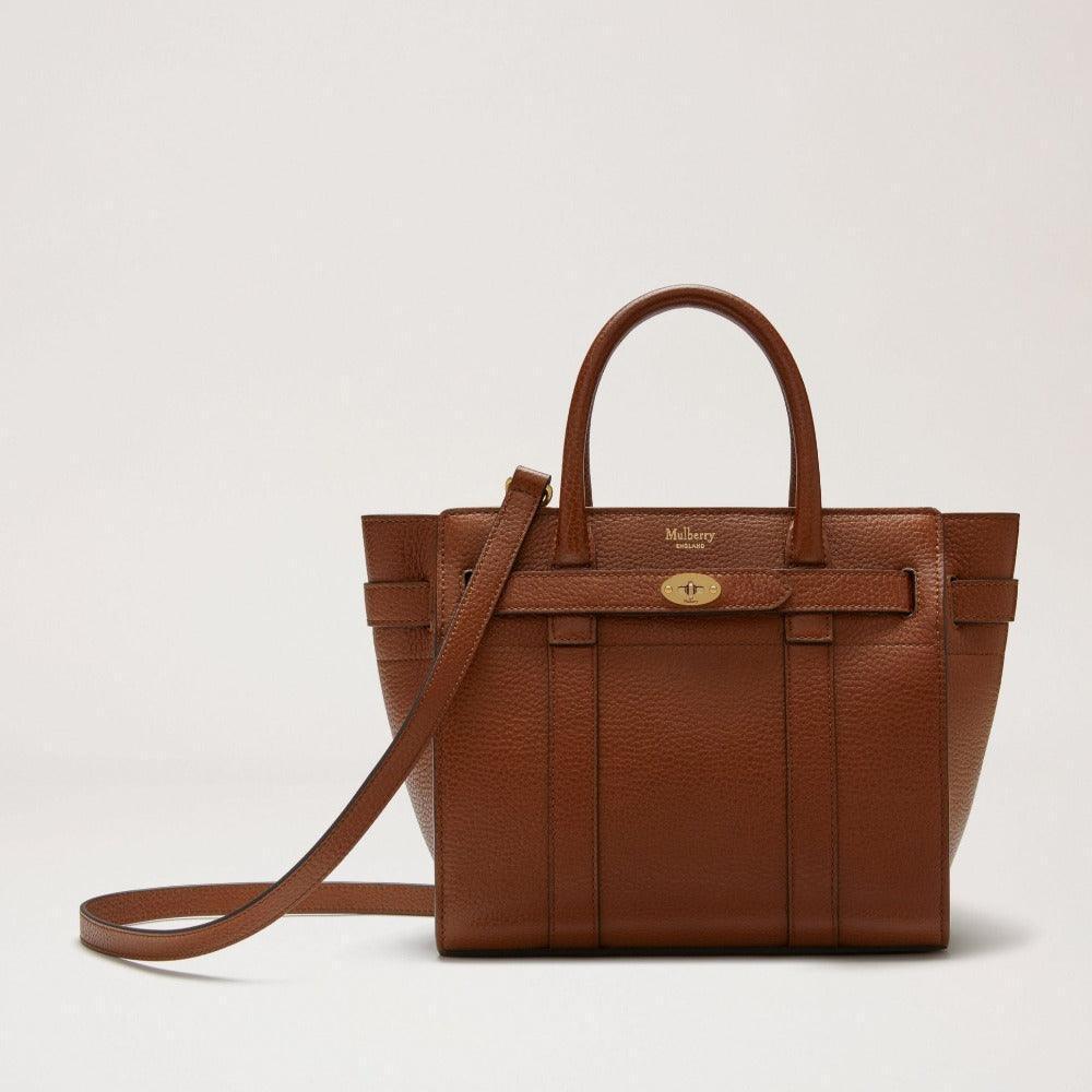 Mulberry Mini Zipped Bayswater taske i brun læder, forside med hank og skulderrem, model DK-31046