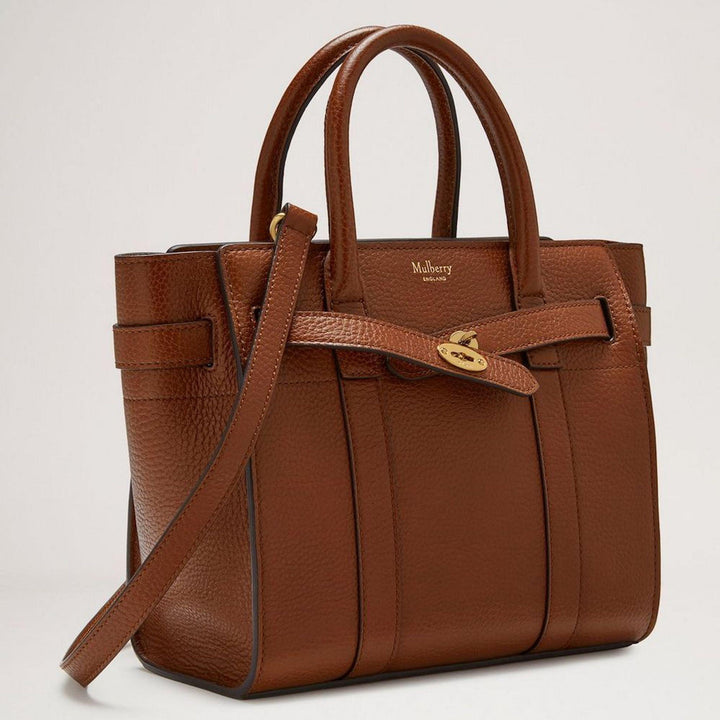 Mulberry Tas Mini met ritssluiting Bayswater eikenhout in glad, bruin leer met gouden detail en schouderband. Modelhh8730552g110