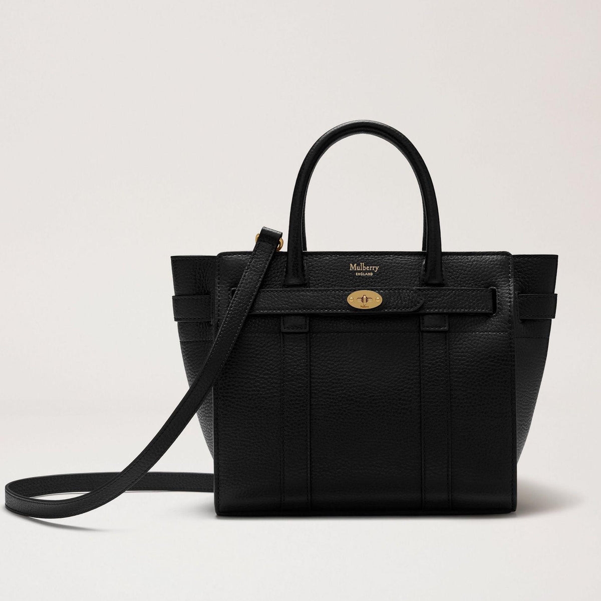 Mulberry Mini Zipped Bayswater taske i sort classic grain læder, forside, model 70104