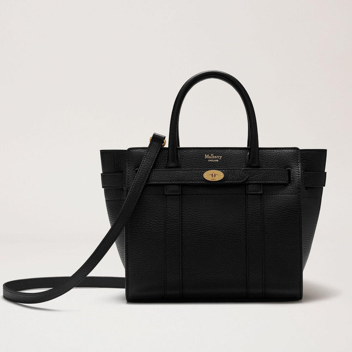 Mulberry Tas Mini met ritssluiting Bayswater Kleine Classic Grain Black, zwart leren tas met gouden details en verstelbare schouderband. Modelhh4949205a100
