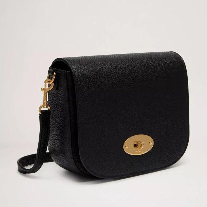 Mulberry Tas klein Darley Satchel Classic Grain Black, elegante zwart leren schoudertas met gouden gesp, Model RL4957/205A100