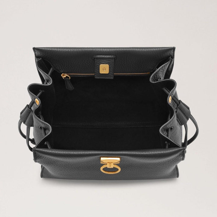 Mulberry Tas Small Iris Heavy Grain Black, open zwarte leren tas met gouden gesp en gladde binnenzak. ModelHH6267000A100