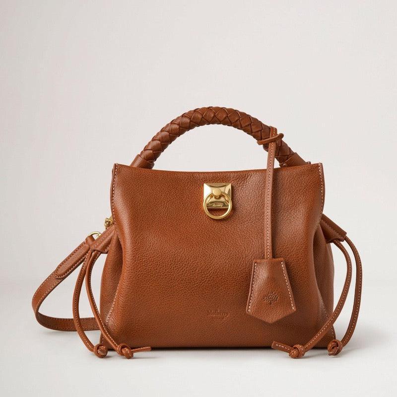Mulberry Tas Kleine Iris Legacy NVT Eiken, bruin leren tas met gevlochten hengsel en gouden details. ModelHH7949275G110