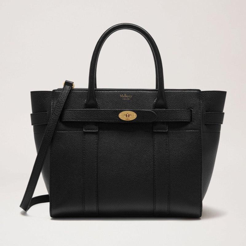 Mulberry tas klein met ritssluiting bayswater klein klassiek nerfleer zwart in zwart leer met handvat en schouderband, model HH4406205A100.
