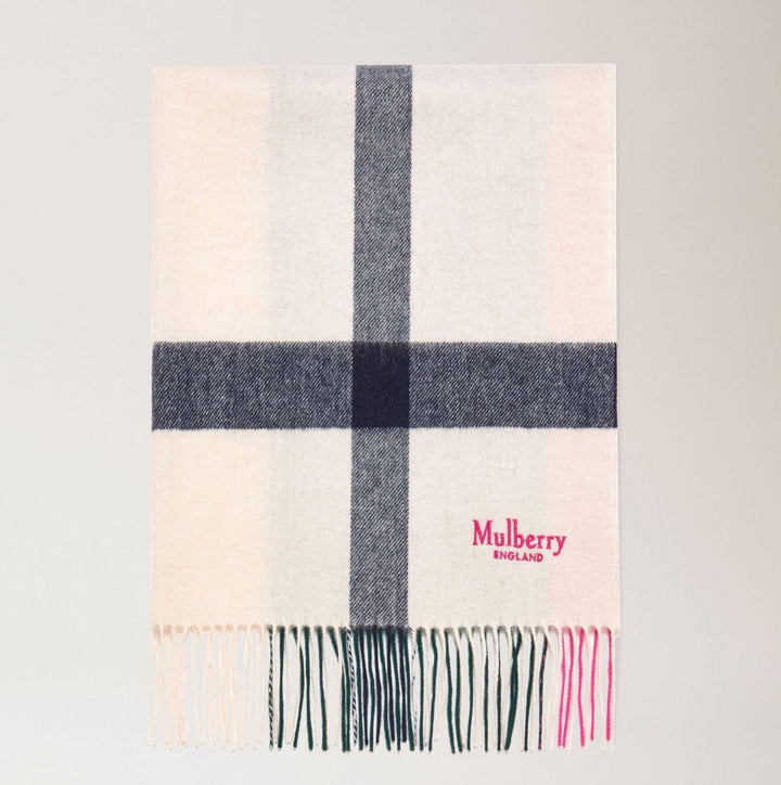 Mulberry Sjaal Grote merinowollen sjaal 70 x 200, lichte sjaal met donkere ruiten en franjes, model vs4295889h130