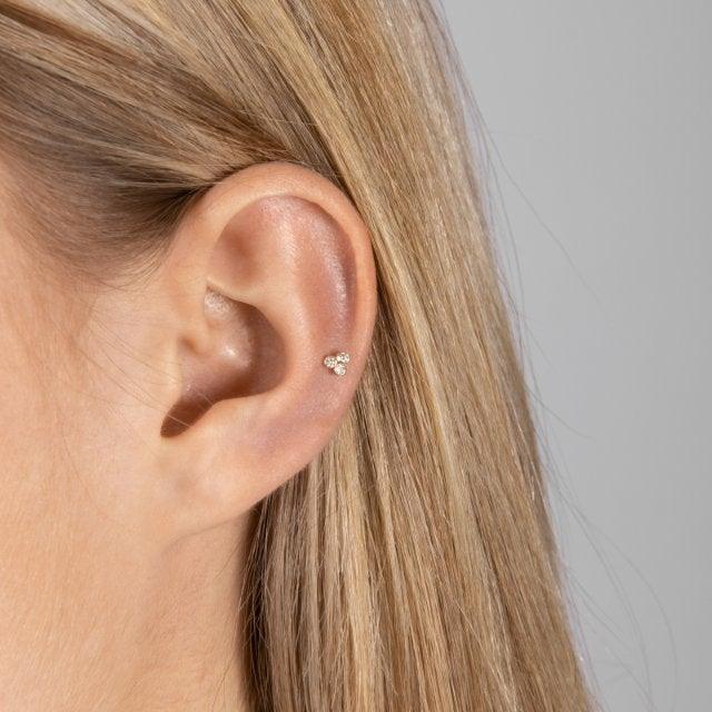 Nordahl 14kt gouden piercing 0,04 ct verschijnt op een oor met licht haar, klein elegant ontwerp. Model314007br5