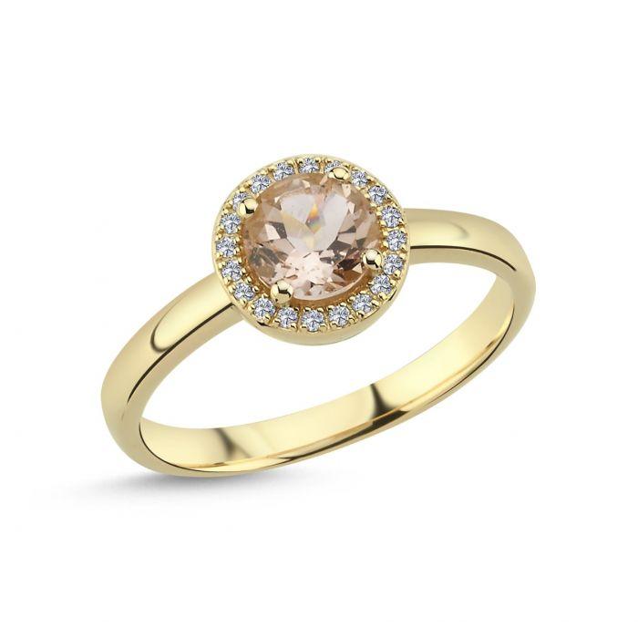 Nuran-14kt-grace-ring-met-morganiet-en-diamanten toont een elegante gouden ring met ronde morganiet en kleine diamanten. Modela2223mo-010rg-001