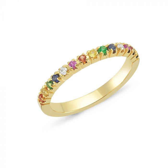 Nuran 14kt Pera Ring met Edelstenen toont een slanke gouden ring bezet met gekleurde edelstenen. ModelA2500-MUL-001