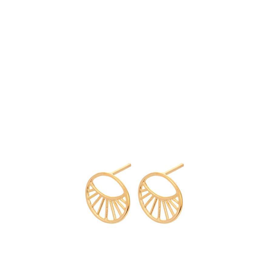 Pernille Corydon Daylight Studs heeft kleine, ronde, vergulde studs met een sunburst-ontwerp. Model E-572-GP