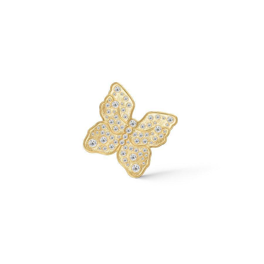 Polar Jewelry The Butterfly vergulde oorbellen in de vorm van een vlinder met heldere stenen op een witte achtergrond. ModelTBU-ST-GD-WZ-00323.