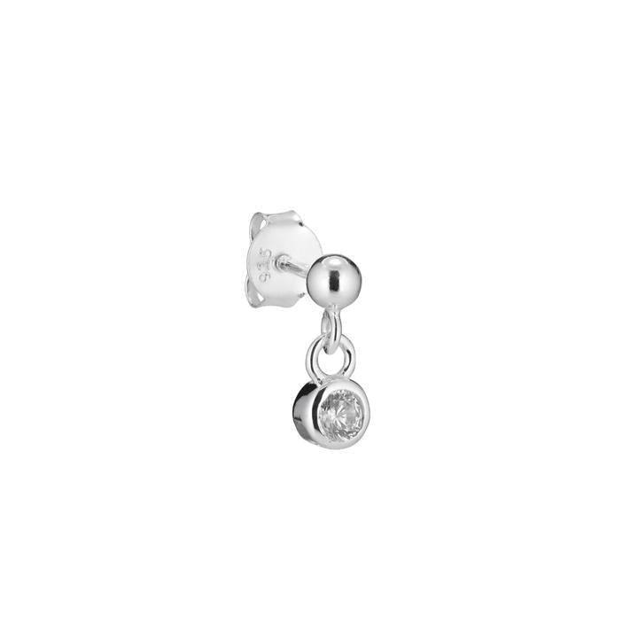 Crystal Silver Earring toont een enkele zilveren oorbel met ronde heldere steen. ModelSS1904-SS1904-1.