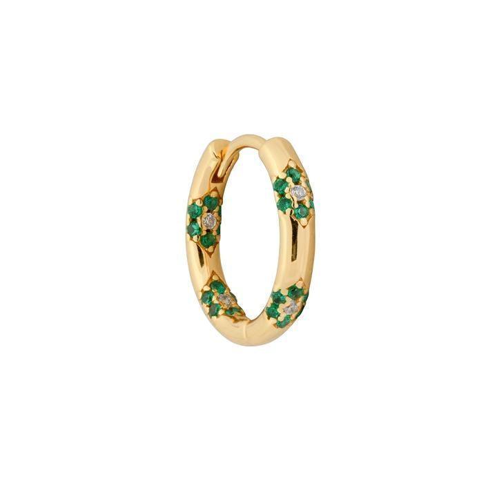 Fauna Huggie oorring in goudkleurig metaal met kleine groene en heldere steentjes, Model FW2104-FW2104-1