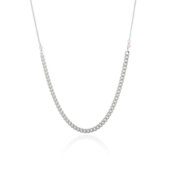 WiOGA Liva ketting afgebeeld met zilverkleurige ketting en twee kleine roze parels. Model N-3038-S.