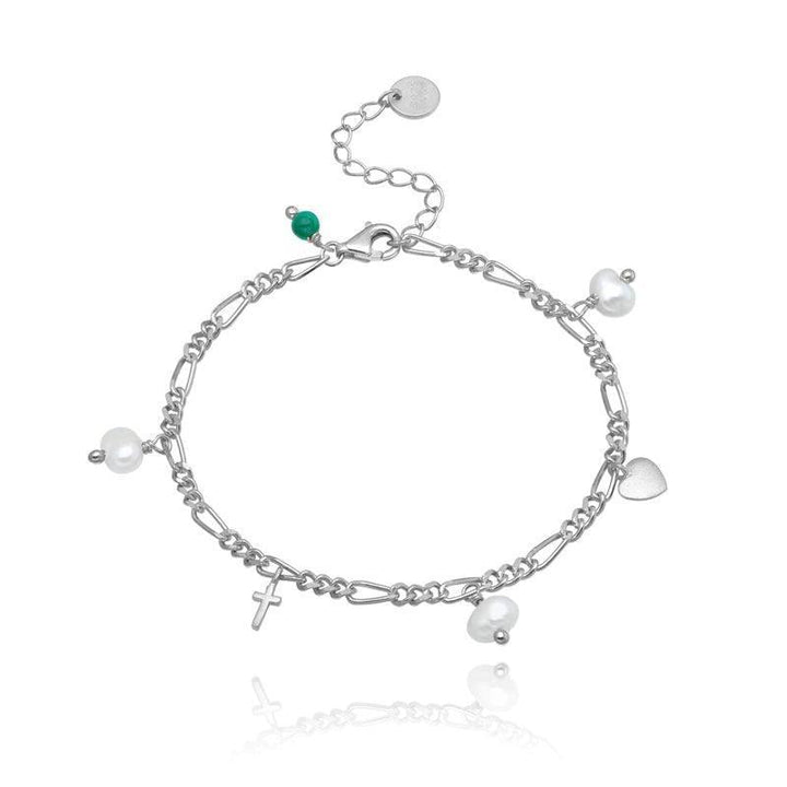 wioga vertrouwen hoop geloof armband zilver met hanger en zoetwaterparels op witte achtergrond. Model B-8094-S